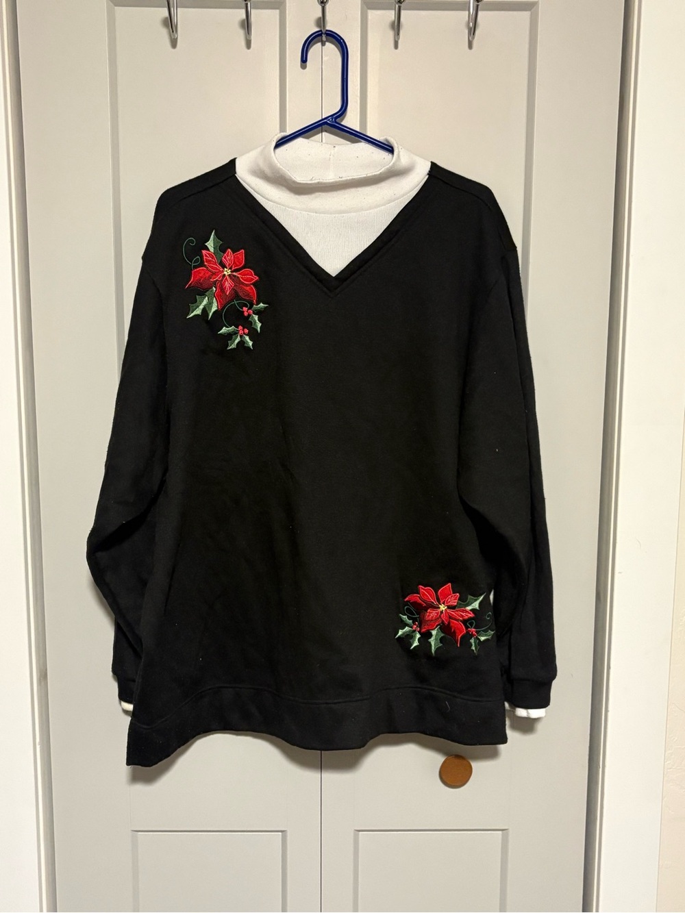 Black V-Neck Sweatshirt with Red Poinsettia Embroidery by Blair